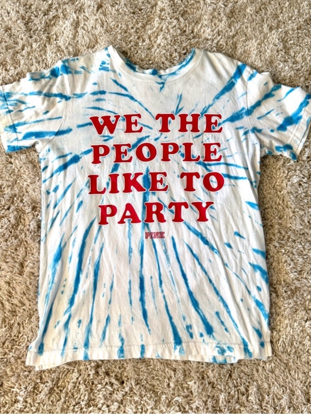 PINK Victoria's Secret White Tee with Blue Tie-Dye “We the people like to party”